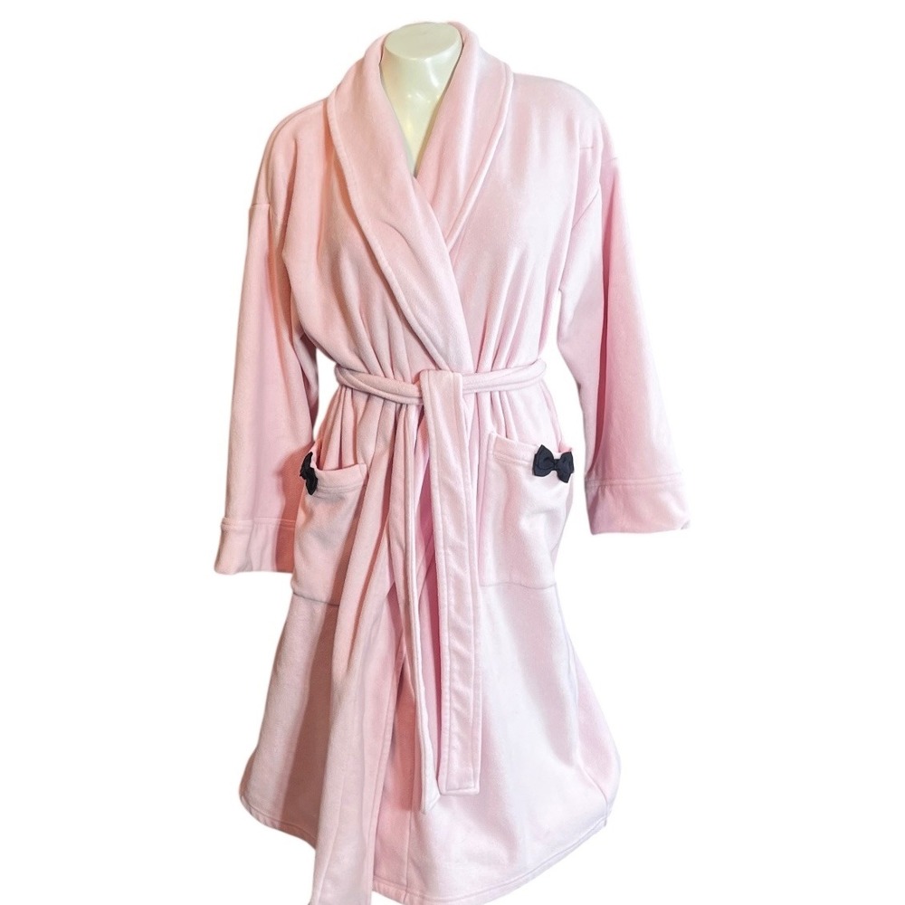 Josie Pink Fleece Robe with Black Bows Pockets‎ Size S CH
